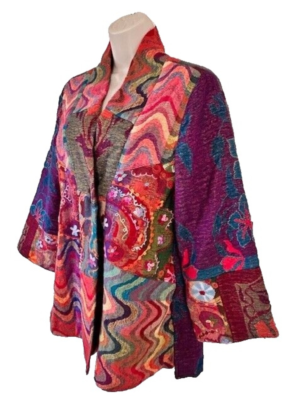 Soft surroundings wool blend artisan patchwork embroidered kimono jacket S/M